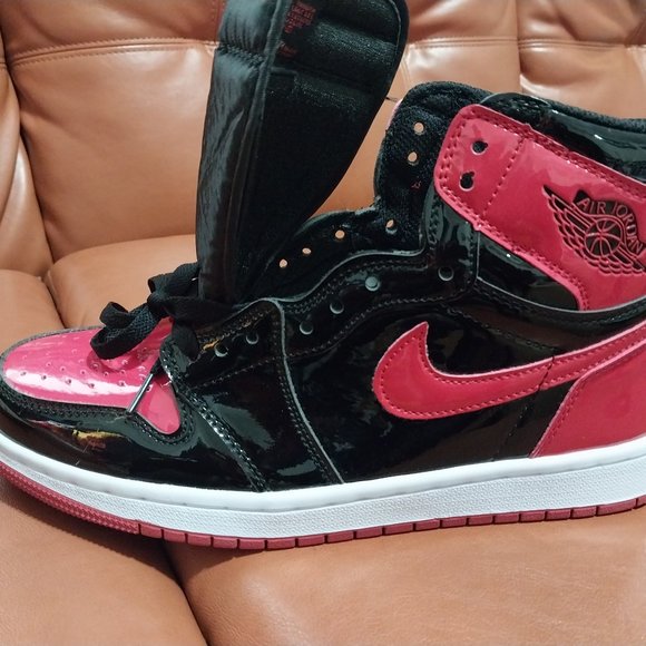 patent leather red and black jordans